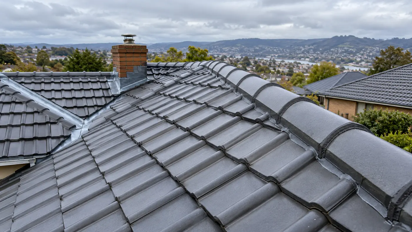 Repaired tiled roof with ridge capping and flashings in Launceston